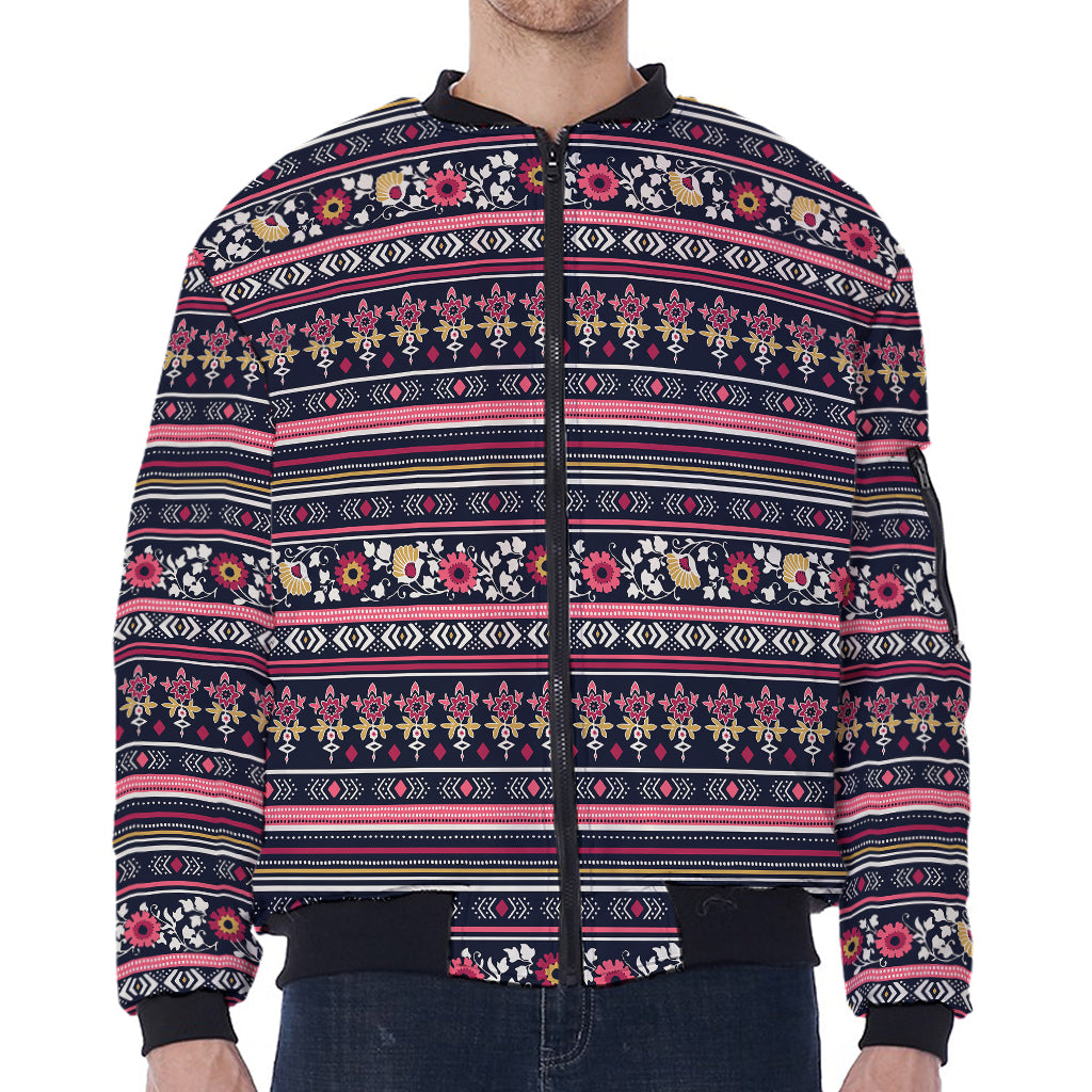 Floral Ethnic Pattern Print Zip Sleeve Bomber Jacket