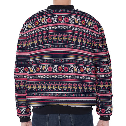 Floral Ethnic Pattern Print Zip Sleeve Bomber Jacket