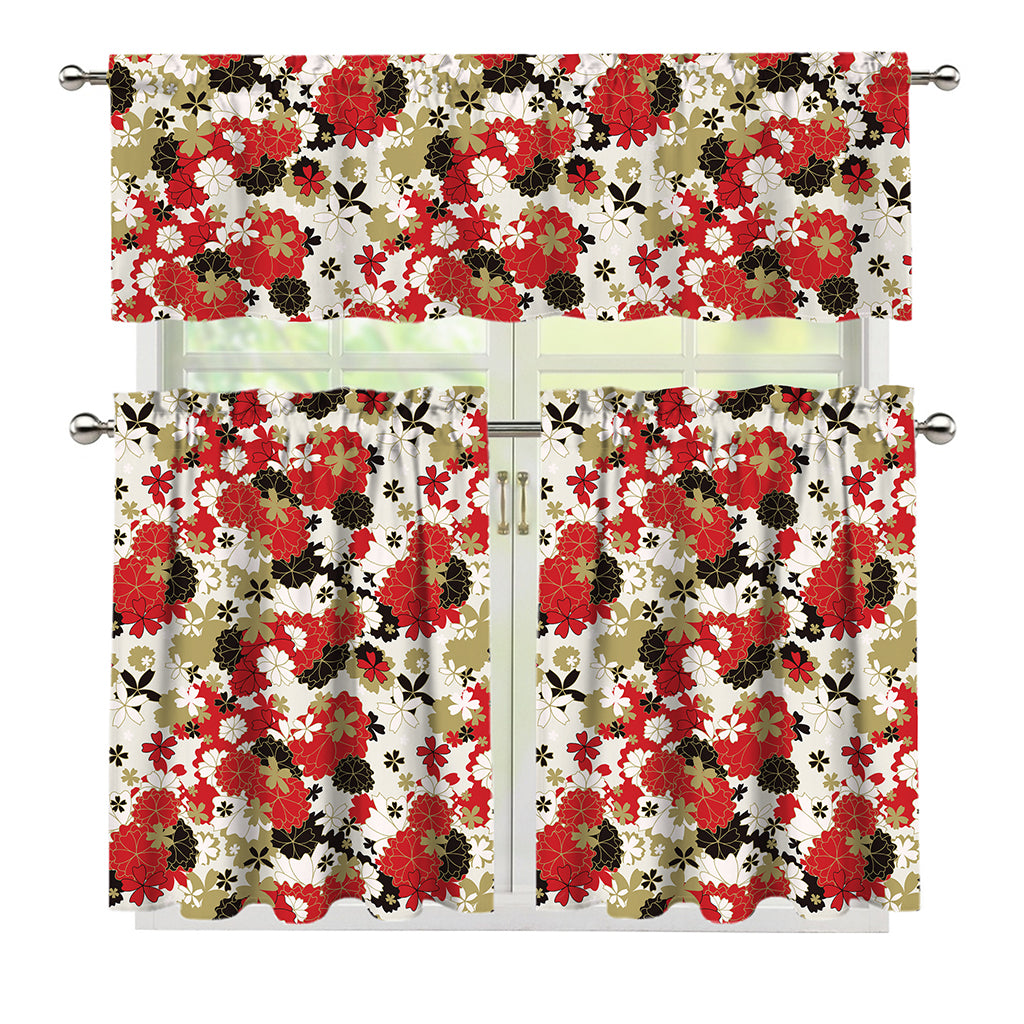 Floral Kimono Pattern Print 3 Piece Kitchen Curtains