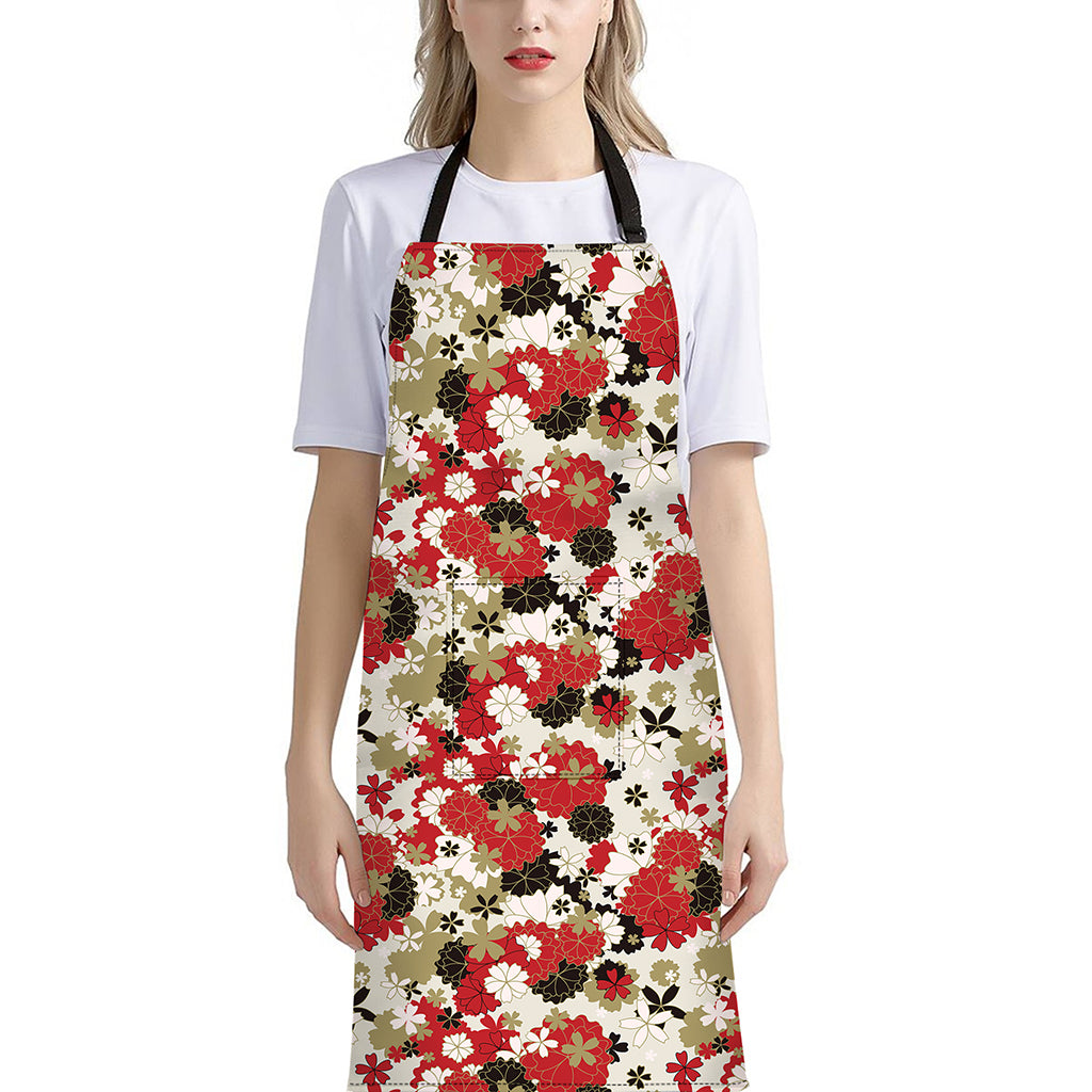 Floral Kimono Pattern Print Bib Apron With Pocket