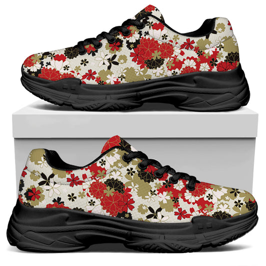 Floral Kimono Pattern Print Black Chunky Shoes
