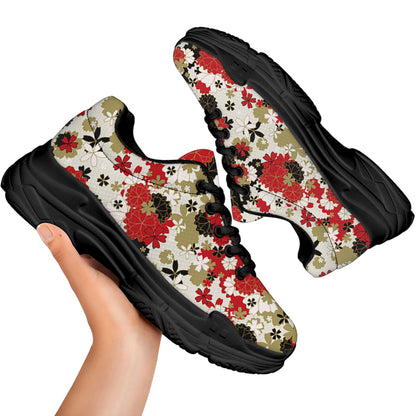Floral Kimono Pattern Print Black Chunky Shoes