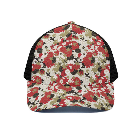 Floral Kimono Pattern Print Black Mesh Trucker Cap