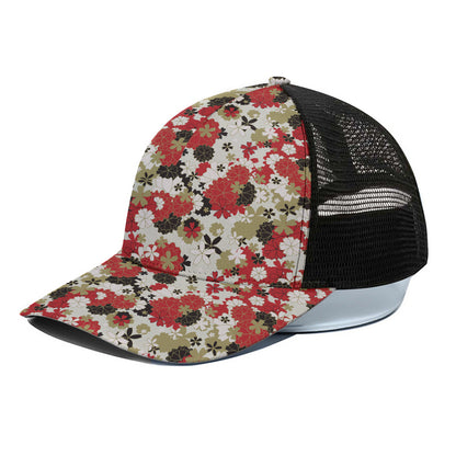 Floral Kimono Pattern Print Black Mesh Trucker Cap