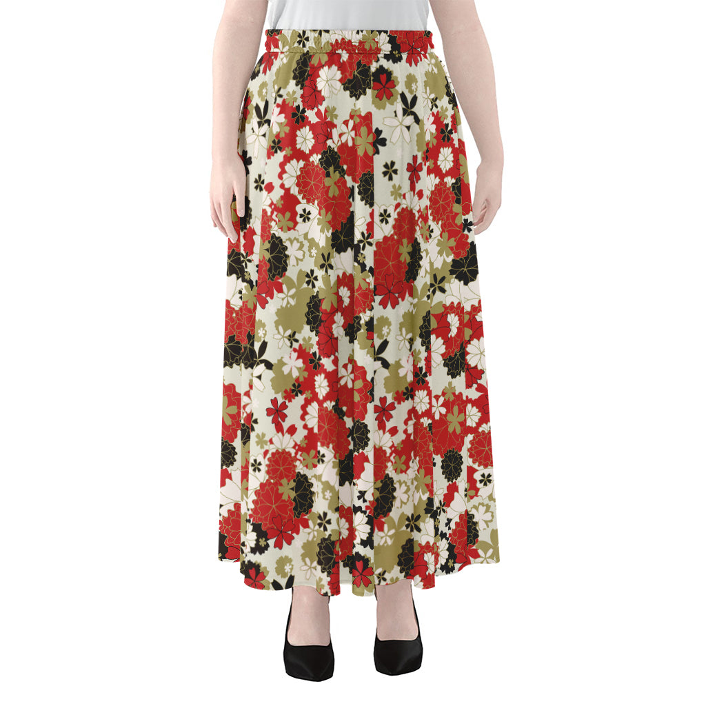 Floral Kimono Pattern Print Chiffon Maxi Skirt