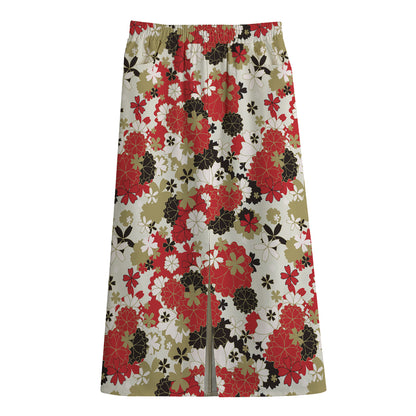 Floral Kimono Pattern Print Cotton Front Slit Maxi Skirt