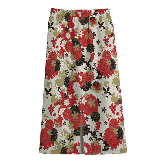 Floral Kimono Pattern Print Cotton Front Slit Maxi Skirt