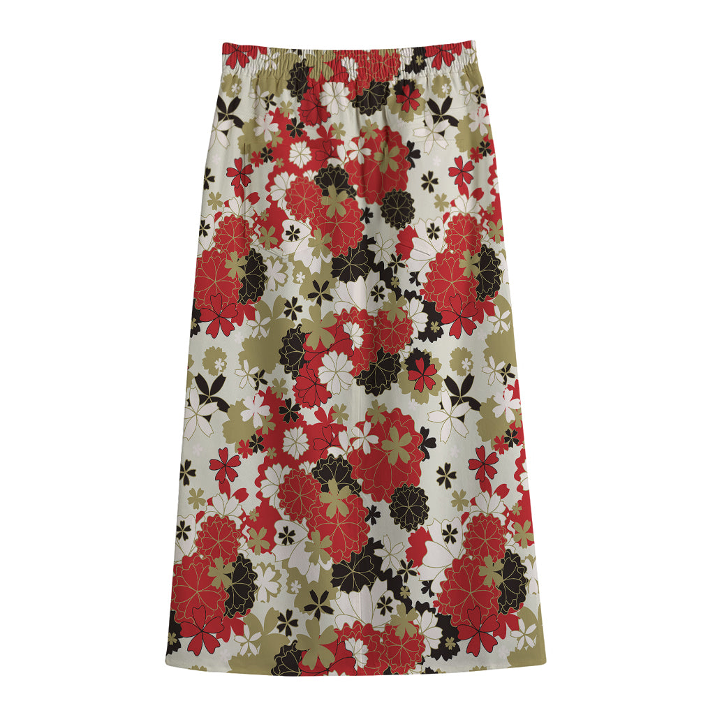 Floral Kimono Pattern Print Cotton Front Slit Maxi Skirt