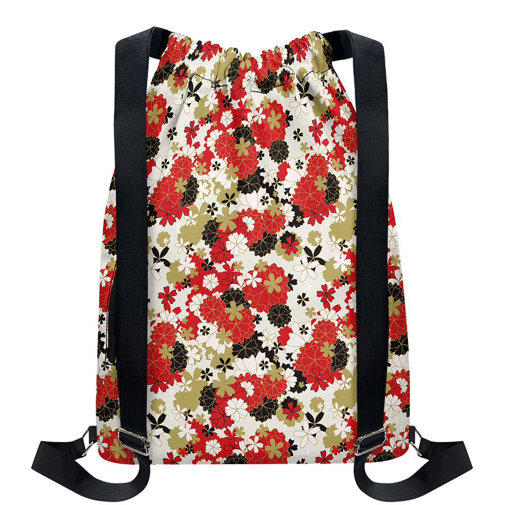 Floral Kimono Pattern Print Drawstring Backpack