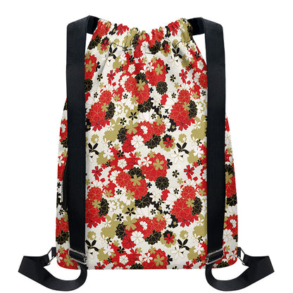 Floral Kimono Pattern Print Drawstring Backpack