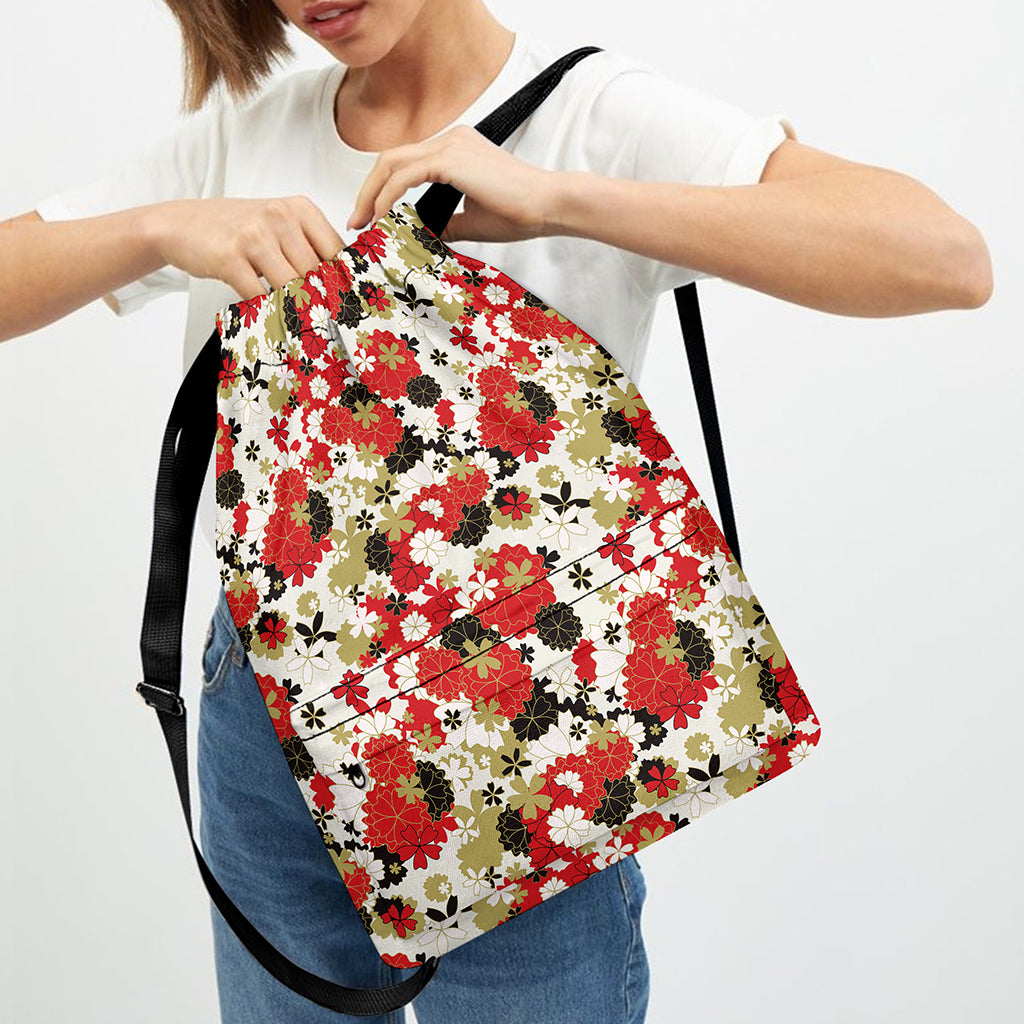 Floral Kimono Pattern Print Drawstring Backpack