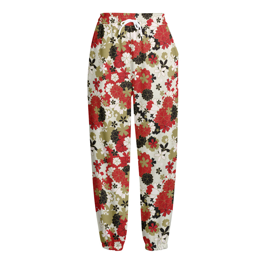 Floral Kimono Pattern Print Fleece Lined Knit Pants