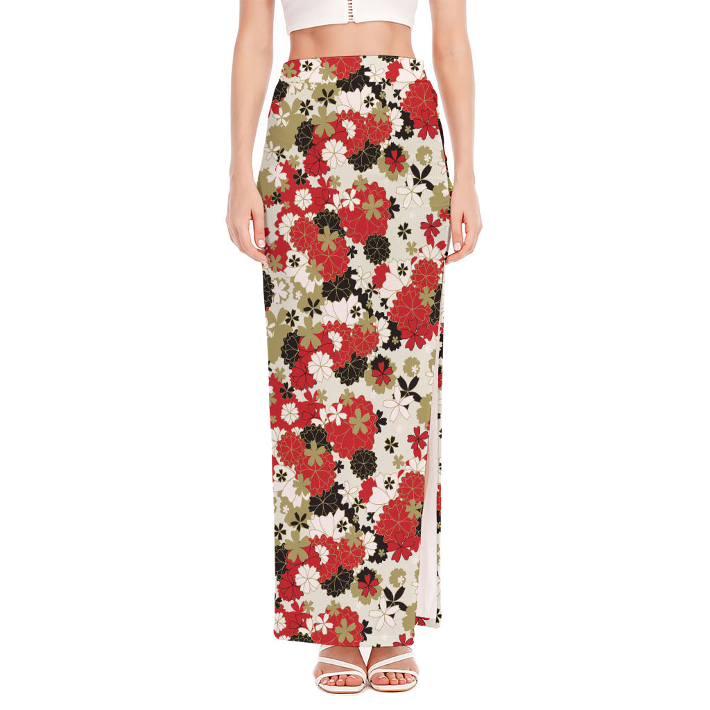 Floral Kimono Pattern Print High Slit Maxi Skirt