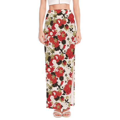 Floral Kimono Pattern Print High Slit Maxi Skirt