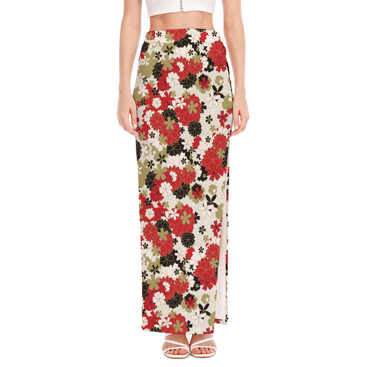 Floral Kimono Pattern Print High Slit Maxi Skirt