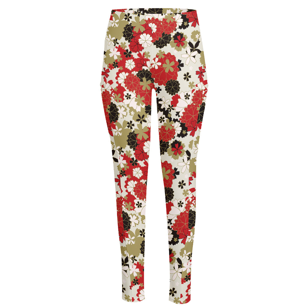 Floral Kimono Pattern Print High-Waisted Pocket Leggings