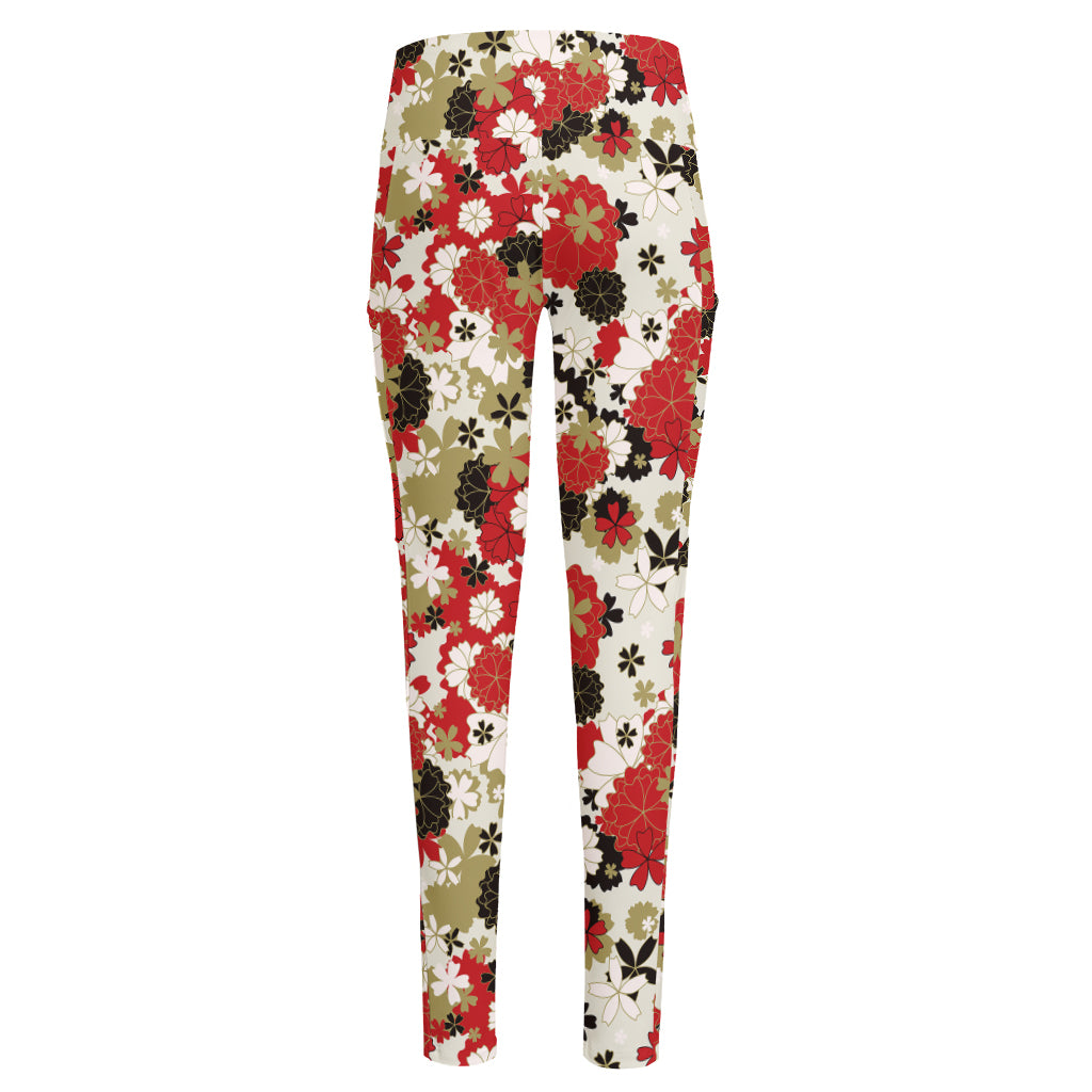 Floral Kimono Pattern Print High-Waisted Pocket Leggings