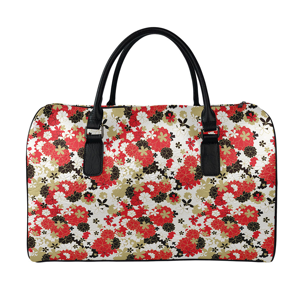 Floral Kimono Pattern Print Leather Duffle Bag