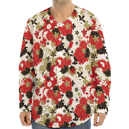 Floral Kimono Pattern Print Long Sleeve Baseball Jersey