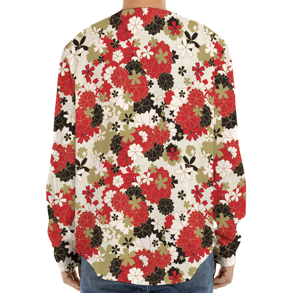 Floral Kimono Pattern Print Long Sleeve Baseball Jersey