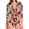Floral Kimono Pattern Print Long Sleeve Swimsuit