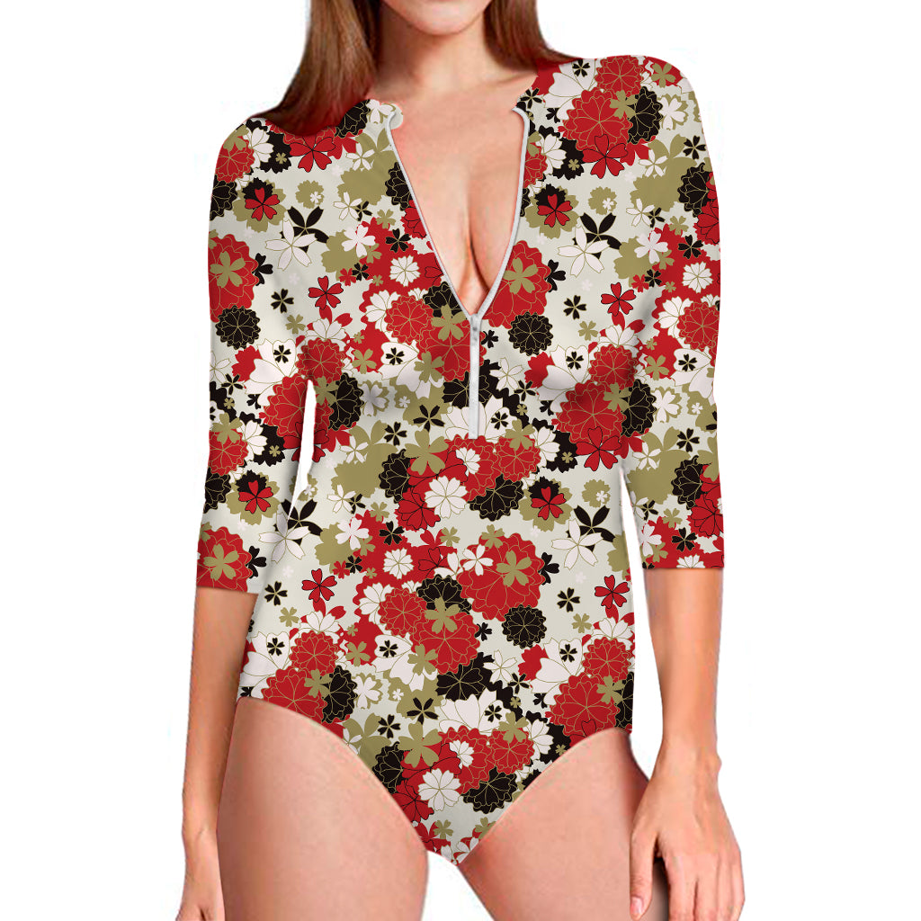 Floral Kimono Pattern Print Long Sleeve Swimsuit