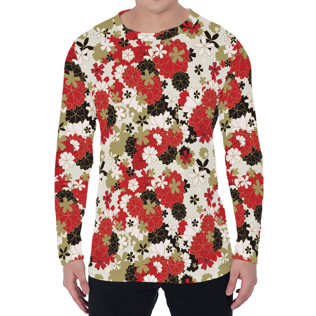 Floral Kimono Pattern Print Men's Long Sleeve T-Shirt