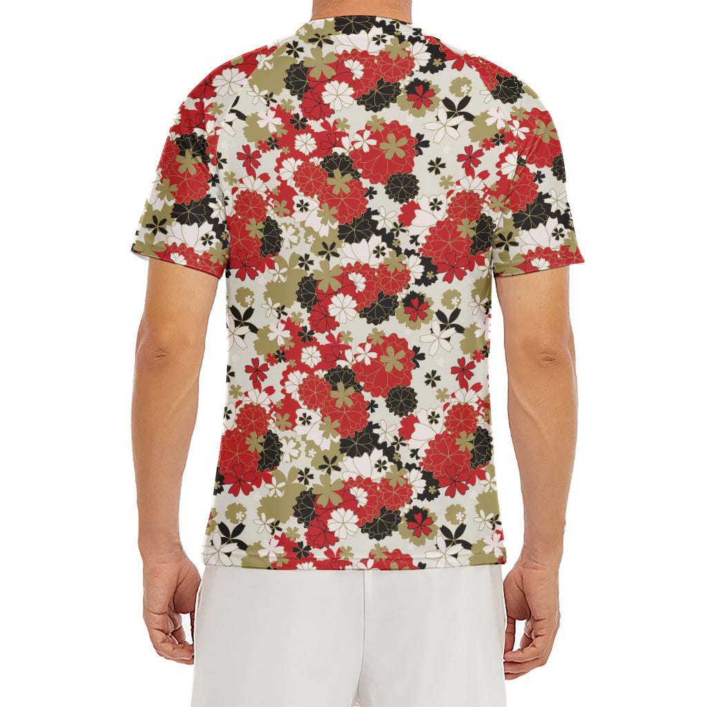 Floral Kimono Pattern Print Men's Short Sleeve Rash Guard