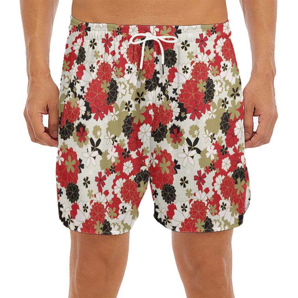 Floral Kimono Pattern Print Men's Split Running Shorts