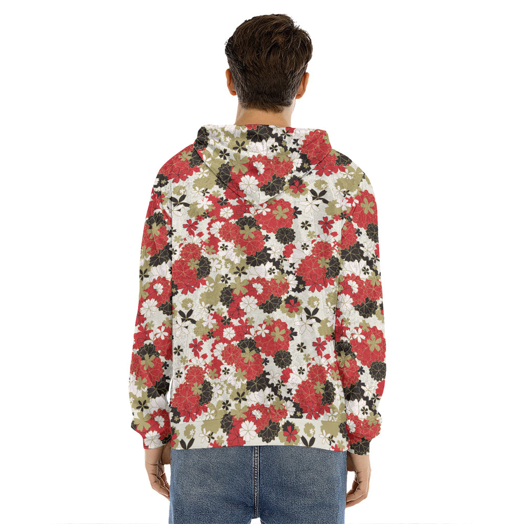 Floral Kimono Pattern Print Men's Velvet Pullover Hoodie