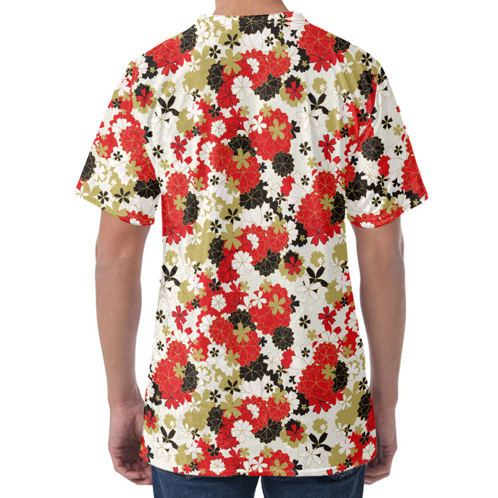 Floral Kimono Pattern Print Men's Velvet T-Shirt