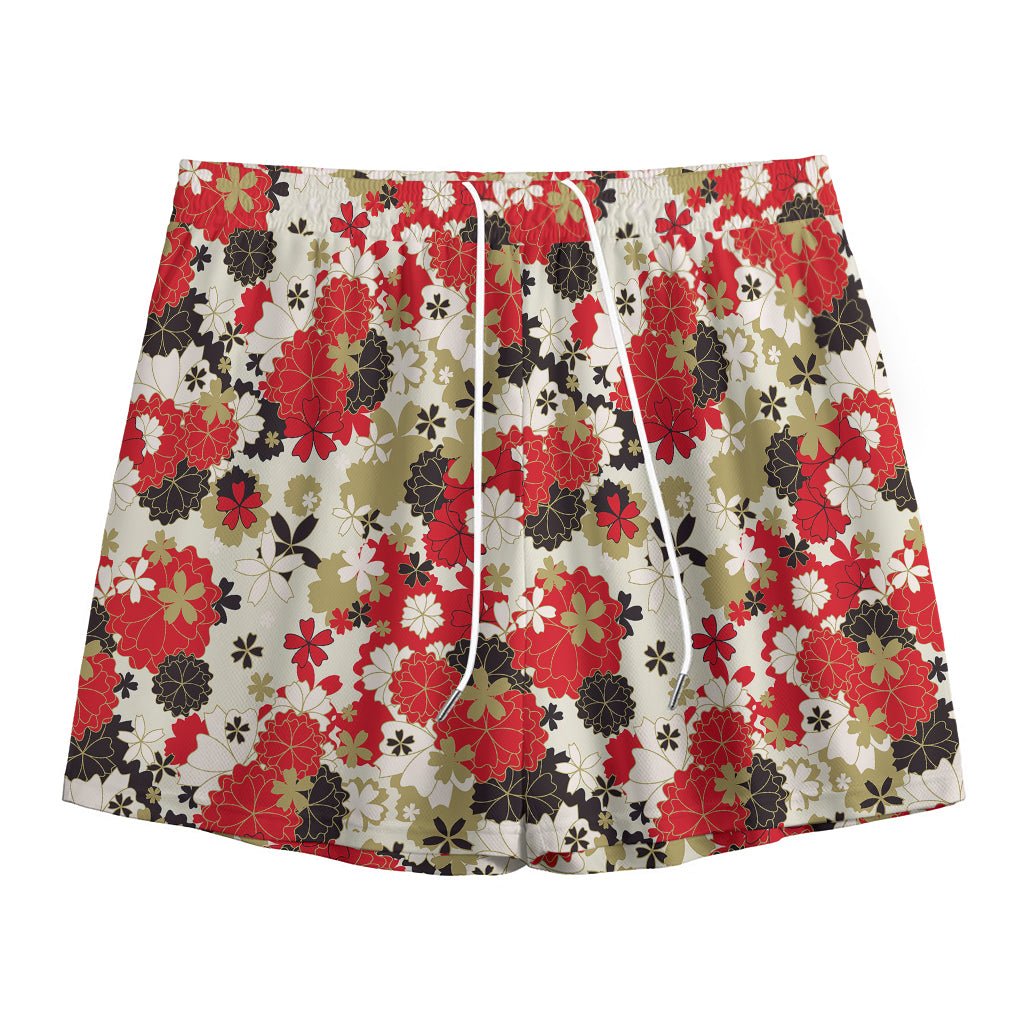 Floral Kimono Pattern Print Mesh Shorts