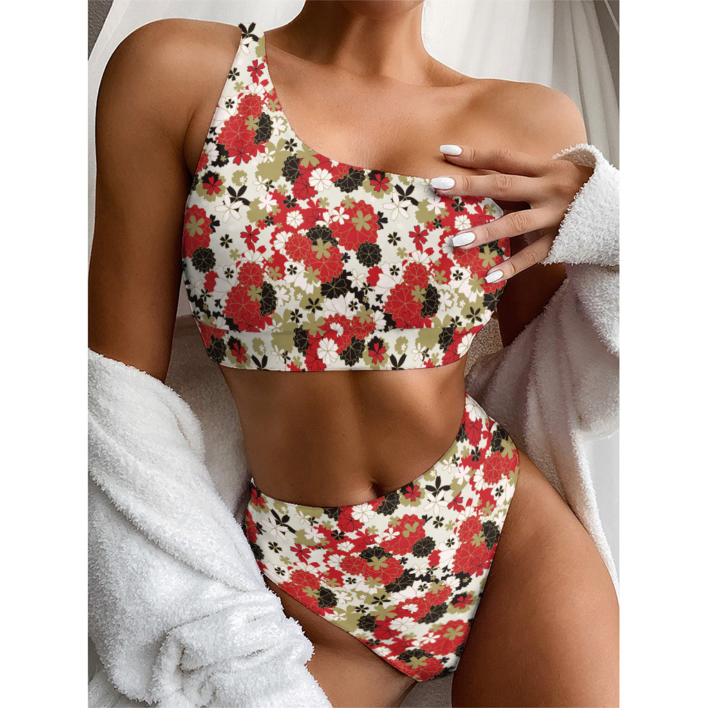 Floral Kimono Pattern Print One Shoulder Bikini Top