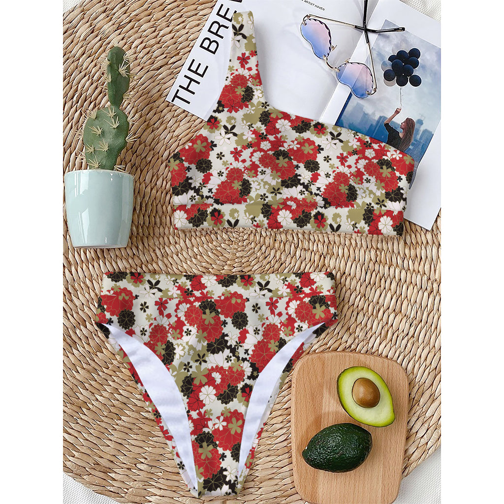 Floral Kimono Pattern Print One Shoulder Bikini Top