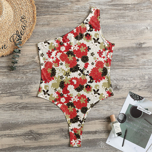Floral Kimono Pattern Print One Shoulder Bodysuit