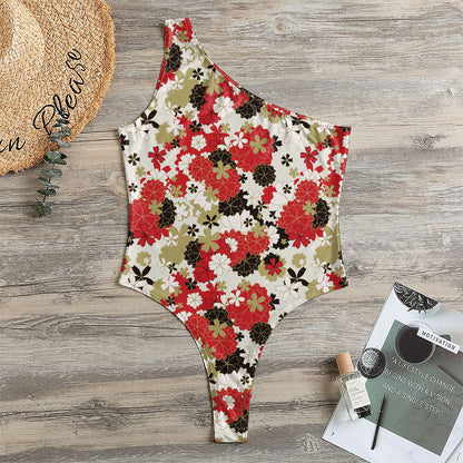 Floral Kimono Pattern Print One Shoulder Bodysuit