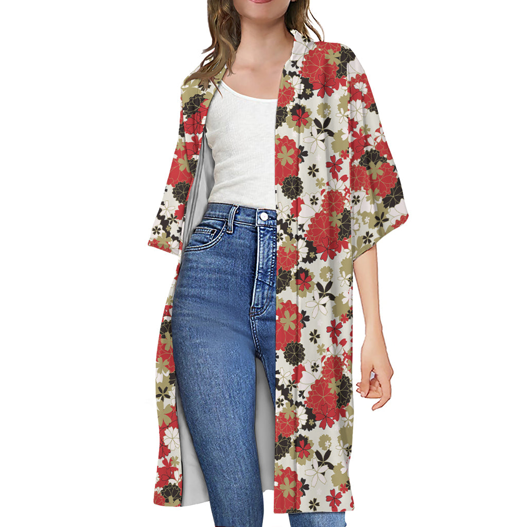 Floral Kimono Pattern Print Open Front Beach Cover Up
