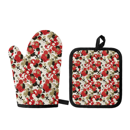 Floral Kimono Pattern Print Oven Mitt And Pot Holder Set