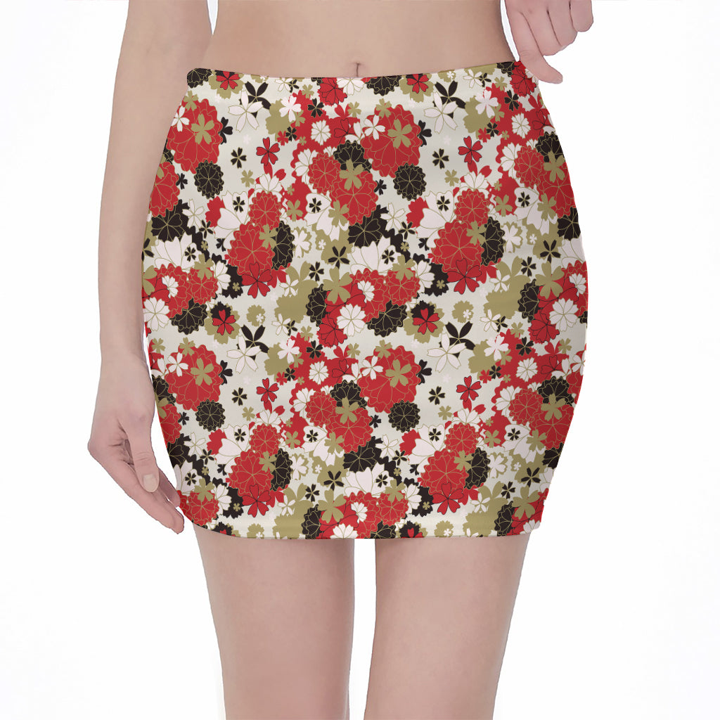 Floral Kimono Pattern Print Pencil Mini Skirt