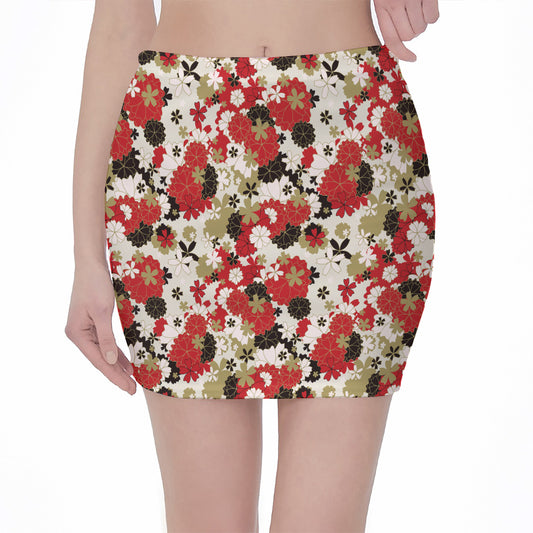 Floral Kimono Pattern Print Pencil Mini Skirt