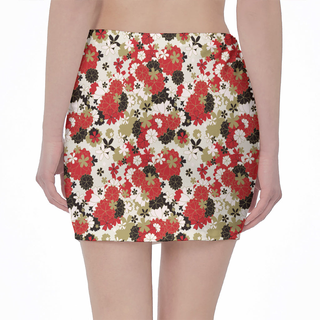 Floral Kimono Pattern Print Pencil Mini Skirt
