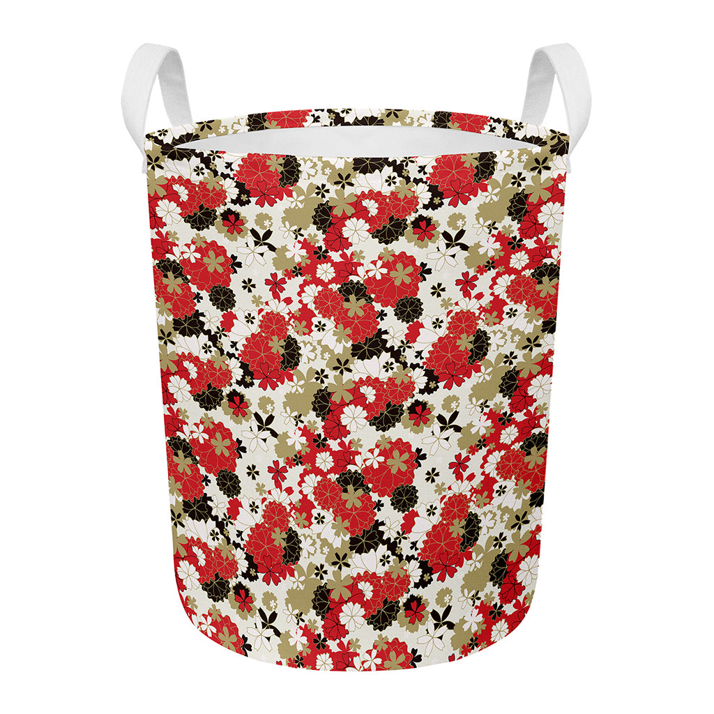 Floral Kimono Pattern Print Round Laundry Basket