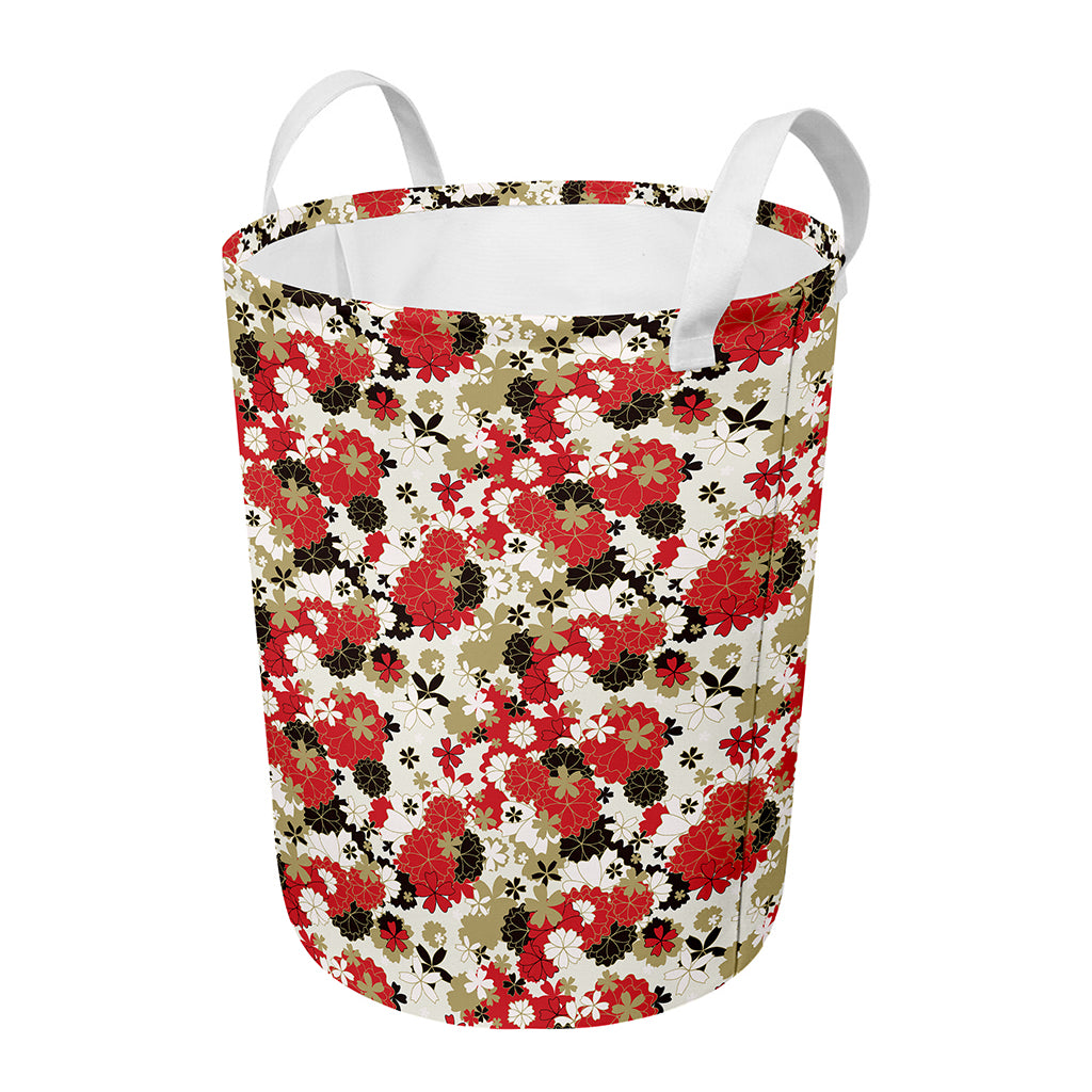 Floral Kimono Pattern Print Round Laundry Basket
