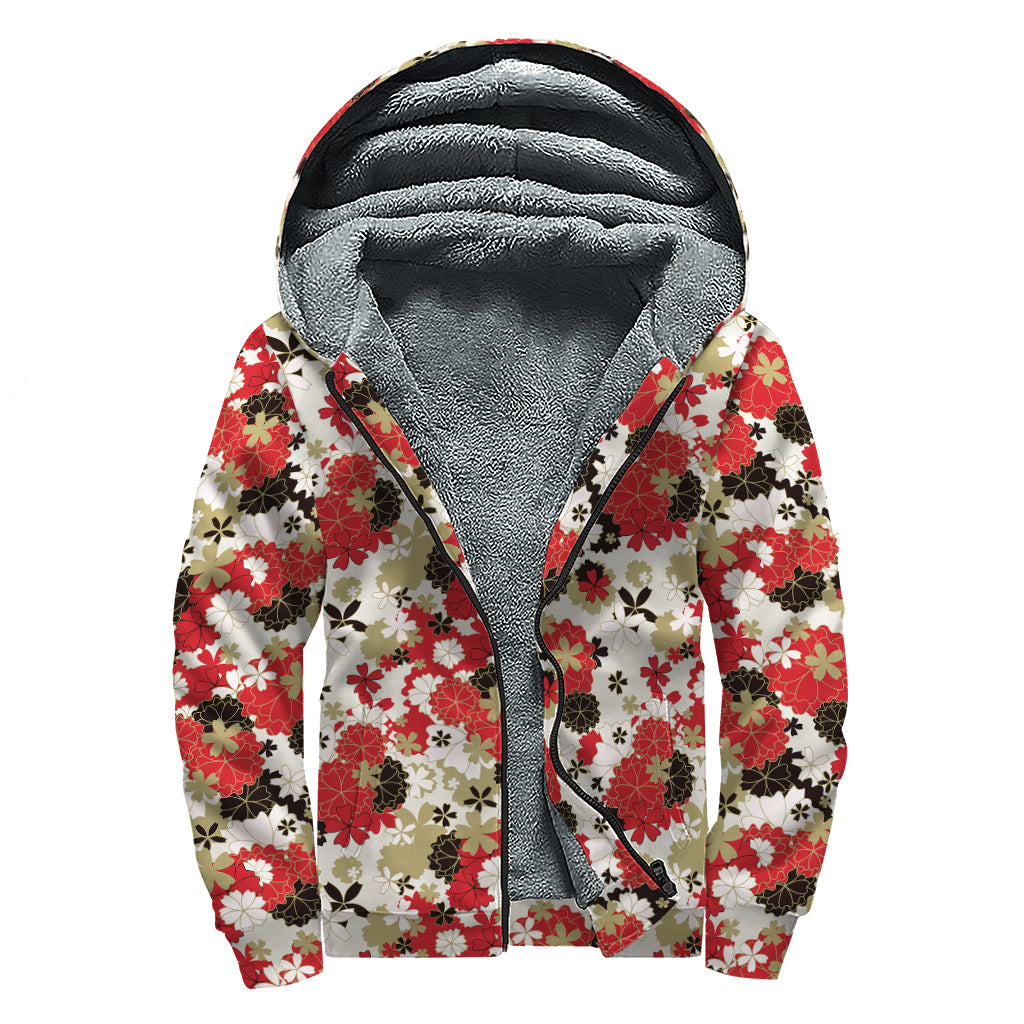 Floral Kimono Pattern Print Sherpa Lined Zip Up Hoodie