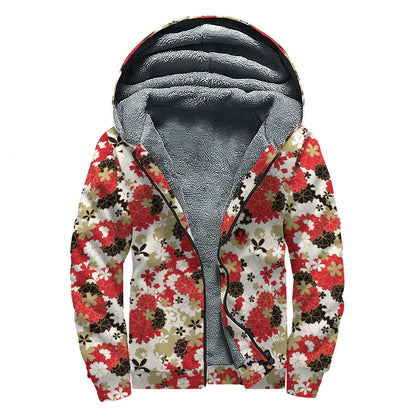 Floral Kimono Pattern Print Sherpa Lined Zip Up Hoodie