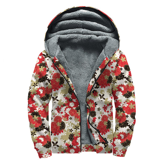 Floral Kimono Pattern Print Sherpa Lined Zip Up Hoodie
