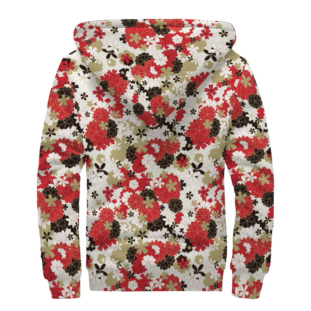 Floral Kimono Pattern Print Sherpa Lined Zip Up Hoodie
