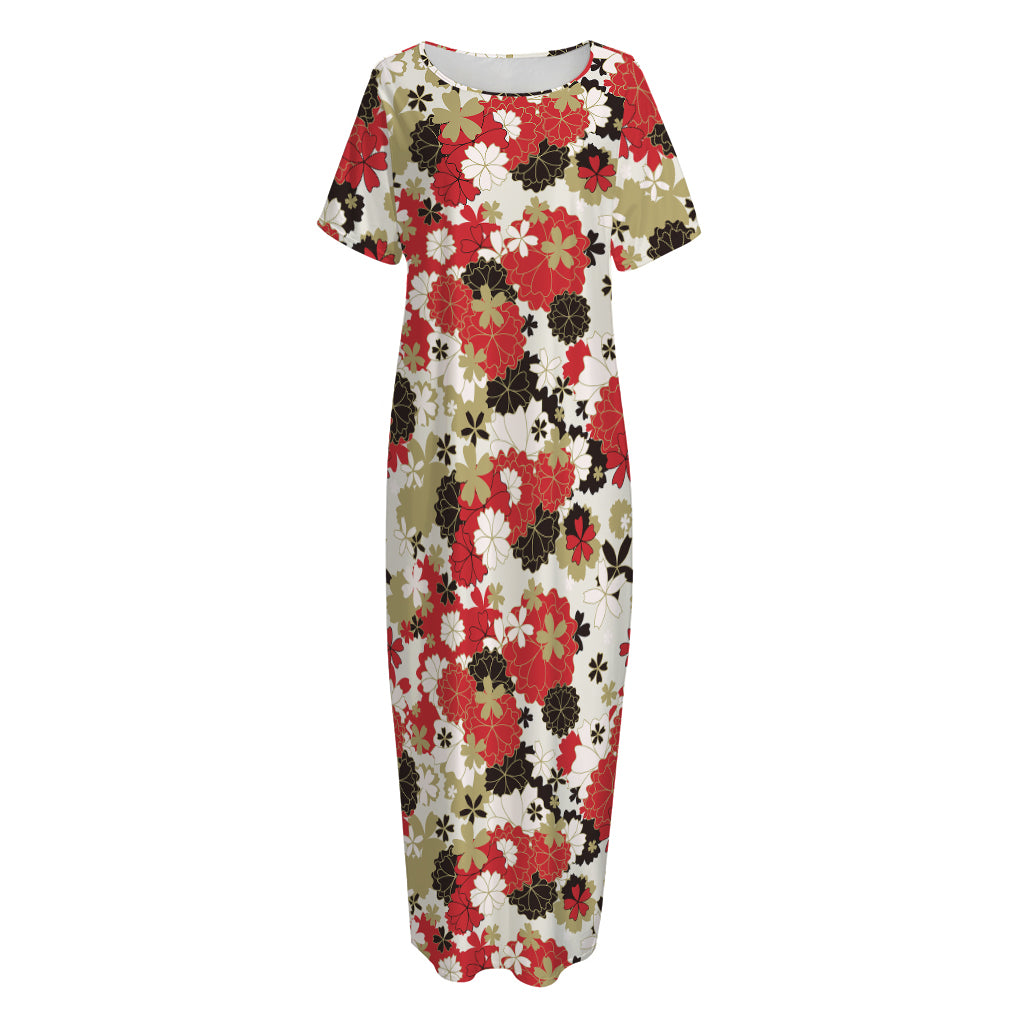 Floral Kimono Pattern Print Short Sleeve Long Nightdress