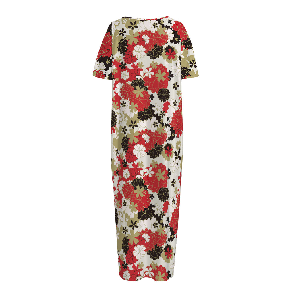 Floral Kimono Pattern Print Short Sleeve Long Nightdress