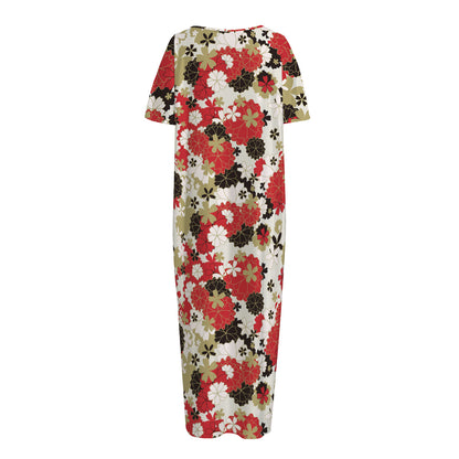 Floral Kimono Pattern Print Short Sleeve Long Nightdress